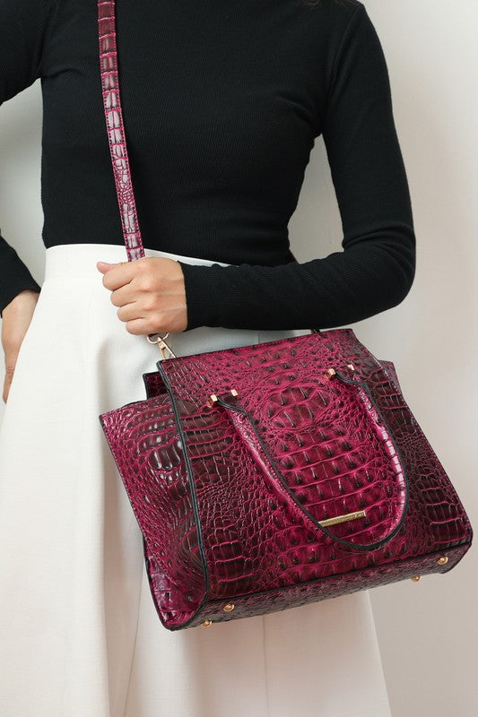 Viridiana Croc-Embossed Tote Bag in Fuchsia mit kurzem Tragehenkel und Staubbeutel-Set