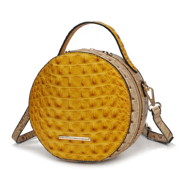 Round croc-embossed crossbody bag, mustard yellow with front zipper pocket
