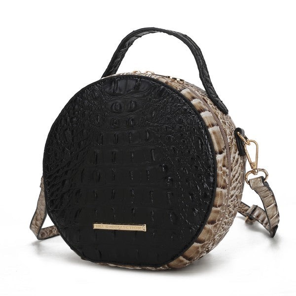 Black croc-embossed round crossbody bag with short handle and adjustable strap