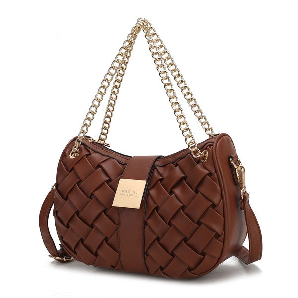 Brown braided chain shoulder bag with gold-tone chain and woven basket-weave design