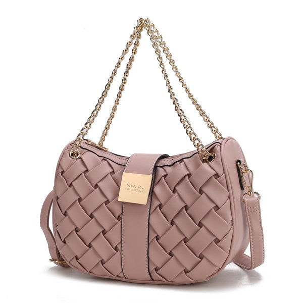 Blush pink braided chain shoulder bag with gold-tone chain and woven front panels