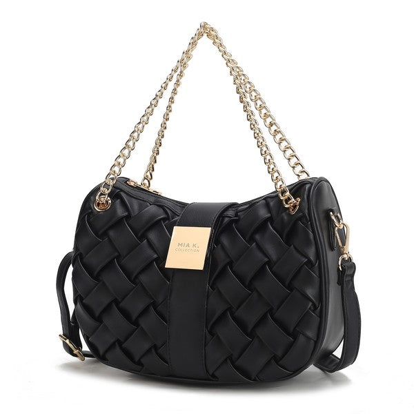 Black braided chain shoulder bag with gold-tone chain and woven front panels