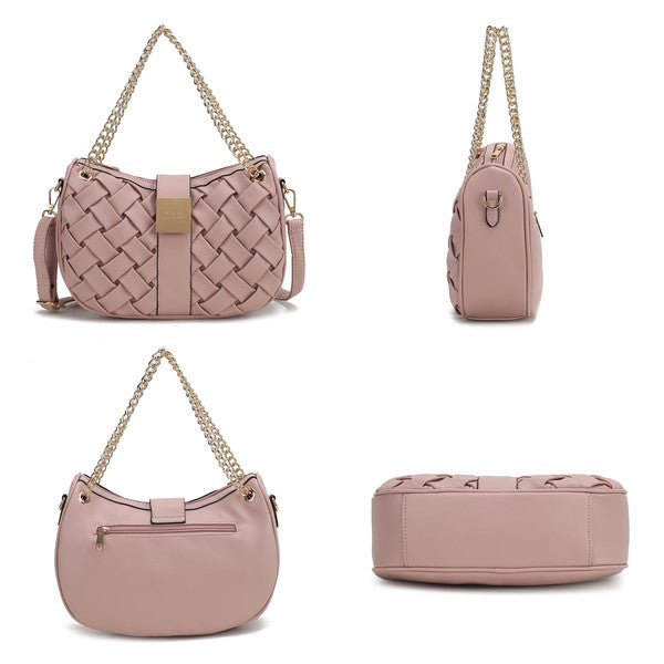 Blush pink braided chain shoulder bag shown front, back, side, and base views