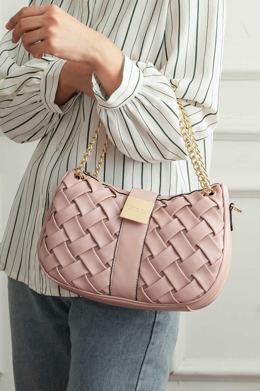 Pink braided chain shoulder bag with gold-tone chain and woven front panels