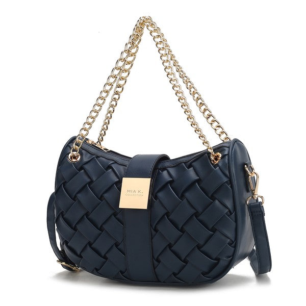 Navy braided chain shoulder bag with gold-tone chain and woven front panels