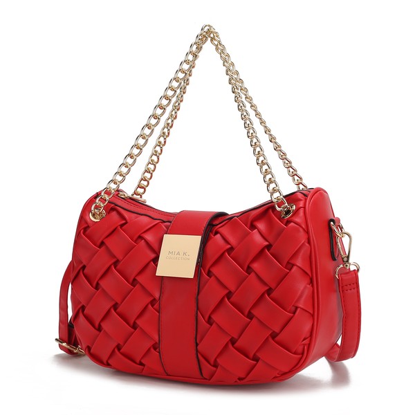 Red braided chain shoulder bag with gold-tone chain and woven front panels