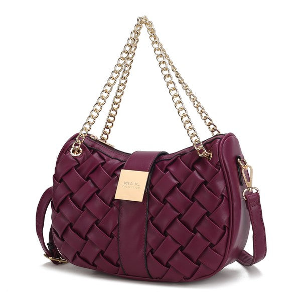 Burgundy braided chain shoulder bag with gold-tone chain and braided woven texture