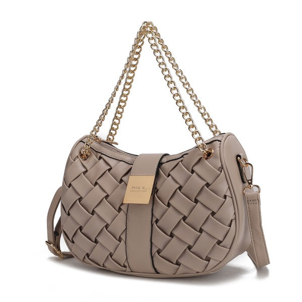 Beige braided chain shoulder bag with gold-tone chain and woven basket-weave front