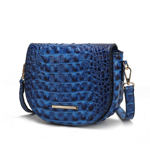 Royal blue croc-embossed crossbody bag with front flap and crossbody strap