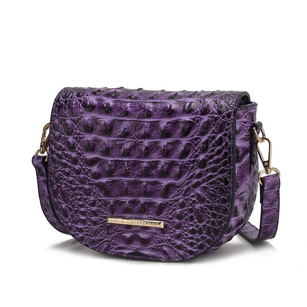 Purple croc-embossed crossbody bag with front flap and adjustable strap
