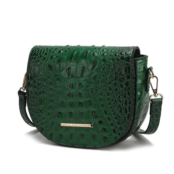 Green croc-embossed crossbody bag with flap and gold-tone hardware