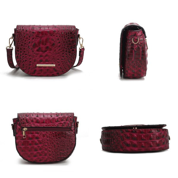 Fuchsia croc-embossed crossbody bag with flap and gold-tone hardware