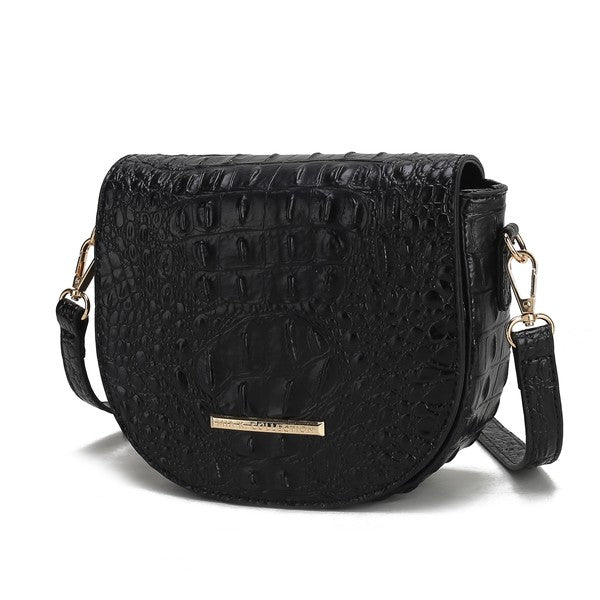 Black croc-embossed crossbody bag with front flap and curved silhouette