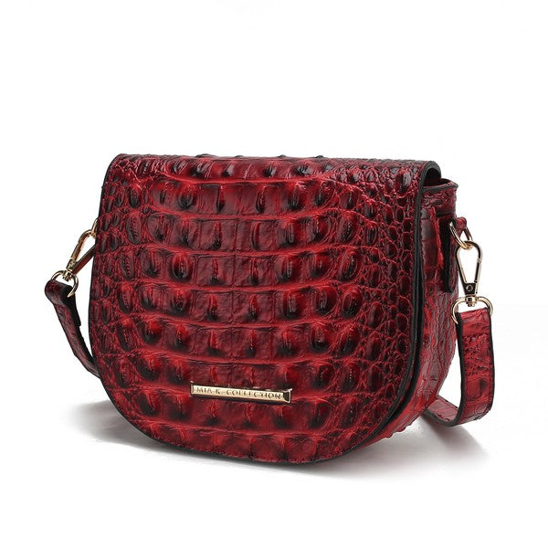 Red croc-embossed crossbody bag with front flap and gold-tone hardware