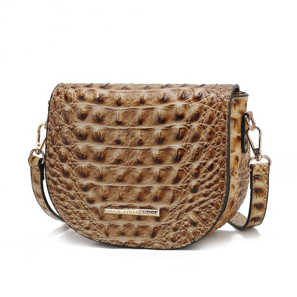Taupe croc-embossed crossbody bag with front flap and gold-tone hardware