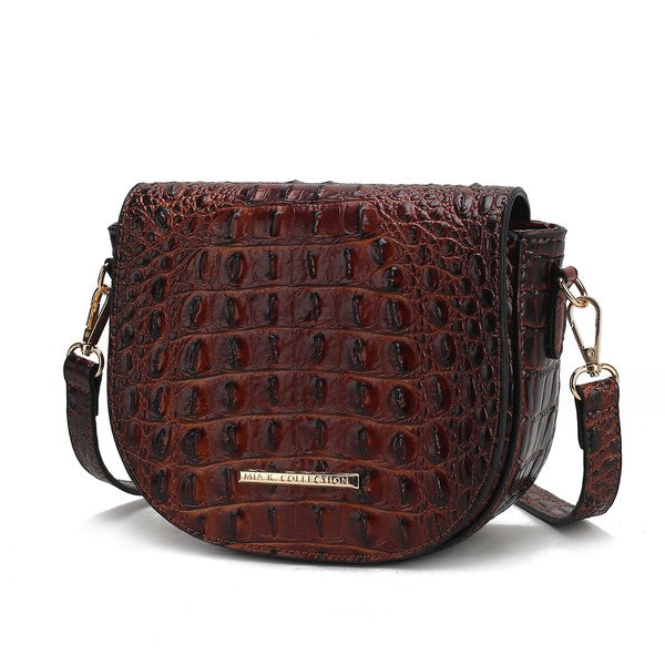 Brown croc-embossed crossbody bag with gold bar logo plate and flap
