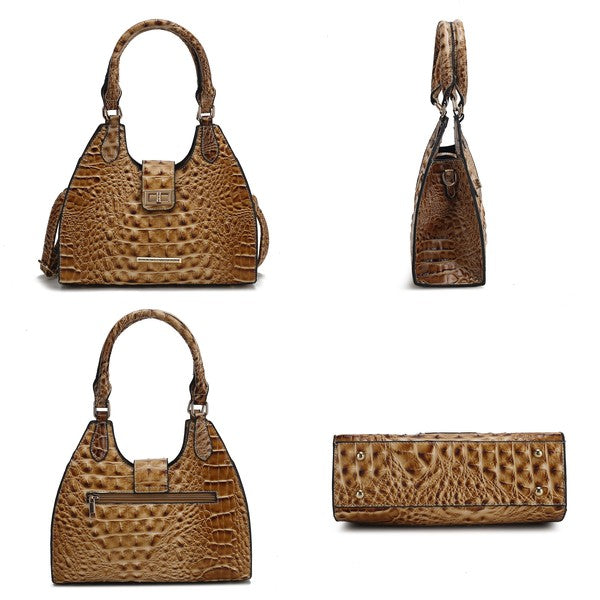 Ava faux-crocodile-embossed tote bag, brown, short handles and front clasp