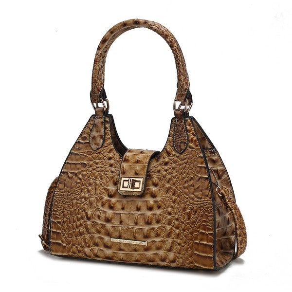 Ava faux crocodile-embossed tote bag in taupe/brown with top handles and gold buckle clasp