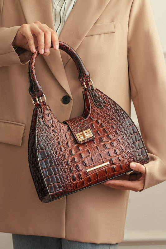 Ava faux crocodile tote bag in burgundy/red with gold buckle front and structured top handles