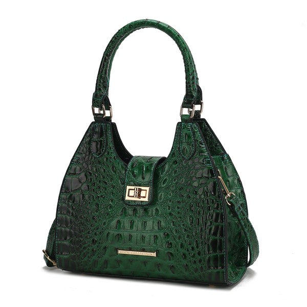 Ava faux crocodile tote bag in green with top handles and gold-tone front buckle