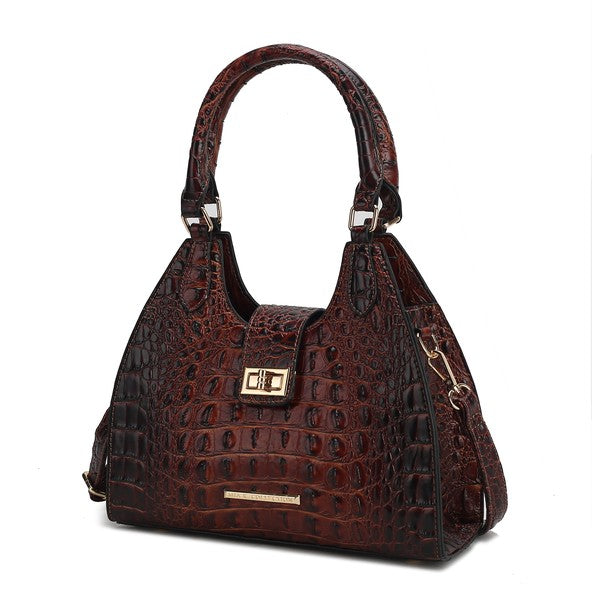 Ava faux crocodile tote bag in dark brown with top handles and gold front buckle