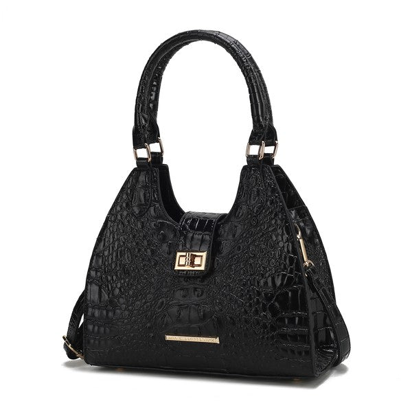 Ava faux crocodile-embossed tote bag in black with top handles and gold buckle detail