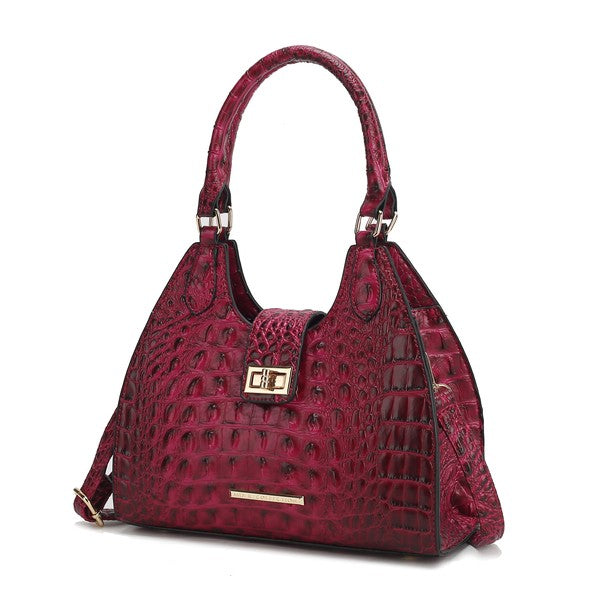 Ava faux crocodile-embossed tote bag in fuchsia/pink with top handles and gold buckle clasp