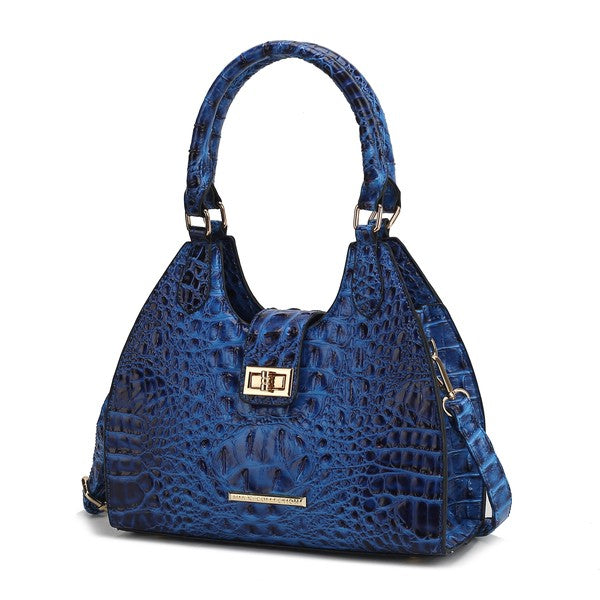 Ava faux crocodile-embossed tote bag in royal blue with top handles and gold front buckle