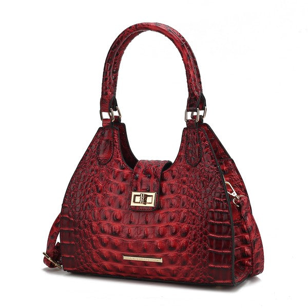 Ava faux crocodile tote bag in red with top handles and gold buckle front closure
