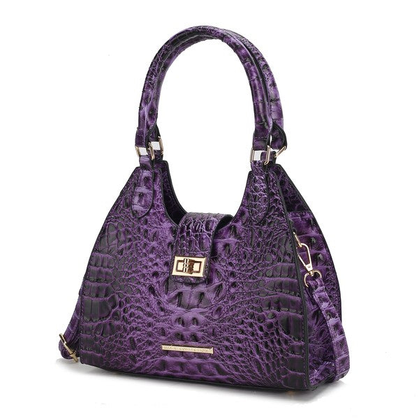 Ava faux crocodile-embossed tote bag in purple with top handles and gold buckle detail