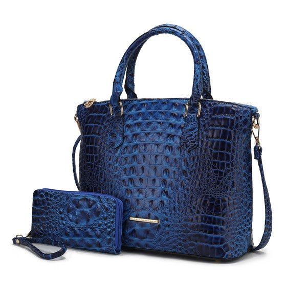 Croc-embossed tote with matching wallet, royal blue, with crossbody strap