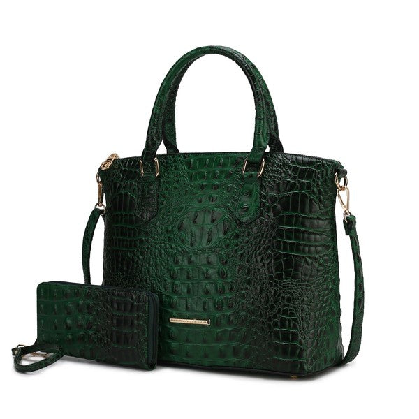 Green croc-embossed Liora tote set with matching mini pouch and adjustable shoulder strap.