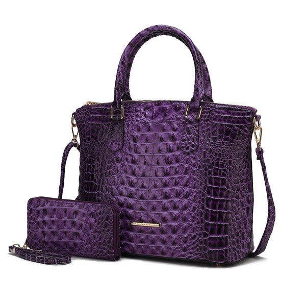 Purple croc-embossed tote set with wristlet pouch and side strap, structured top.