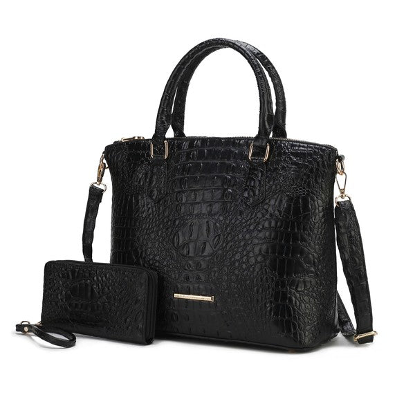 Black croc-embossed tote with mini pouch, top handles, crossbody strap, gold-tone hardware.