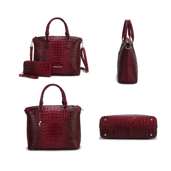 Croc-embossed tote set, red with matching wallet and crossbody strap