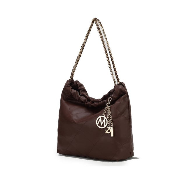 Coffee-brown quilted shoulder bag with ruched top and chain strap