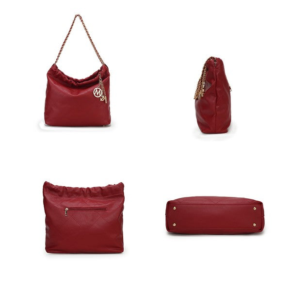 MKF Celestine Quilted shoulder bag in Wine, top-zip with chain strap