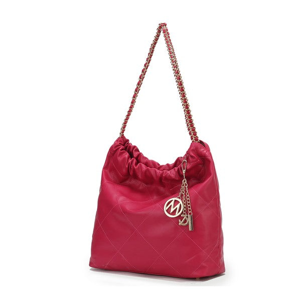 Fuchsia quilted shoulder bag with chain strap and logo key charm