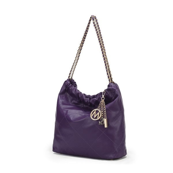Purple quilted shoulder bag with chain strap and logo key charm