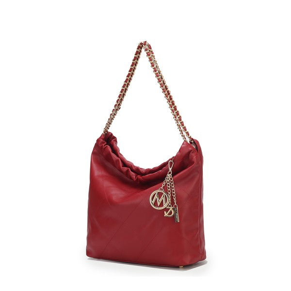 Wine quilted shoulder bag with chain strap, ruched top, and logo charm
