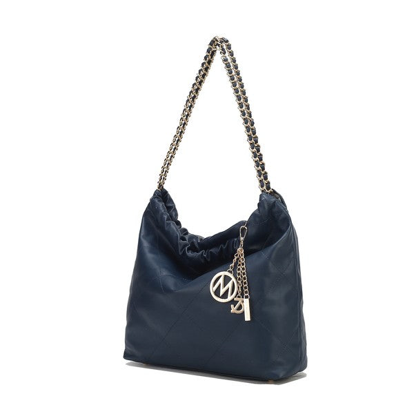 Navy quilted shoulder bag with chain strap and ruched top