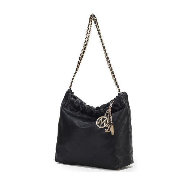 Black quilted shoulder bag with chain strap and logo key charm