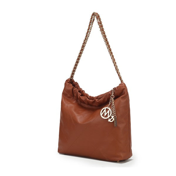 Cognac-brown quilted shoulder bag with chain strap and logo key charm