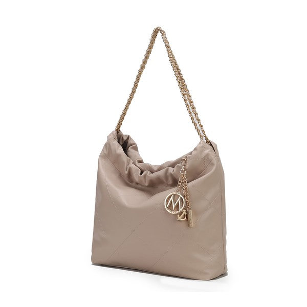 Light beige quilted shoulder bag with ruched top and chain strap