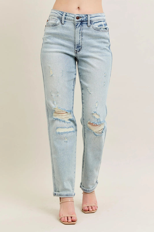 Judy Blue Full Size Mr Repair Stitch Detail Destroy Single Cuff Bf Jeans Plus Size - Tigbul's Variety Fashion Shop