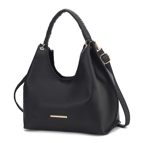 MKF Gara Shoulder Bag in black leather with braided handles and front gold bar