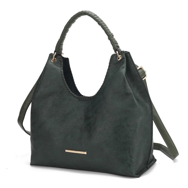 MKF Gara Shoulder Bag in dark green leather with braided handles and front gold bar