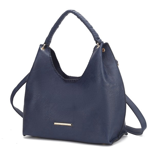 MKF Gara Shoulder Bag in navy leather with braided handles and gold bar front detail