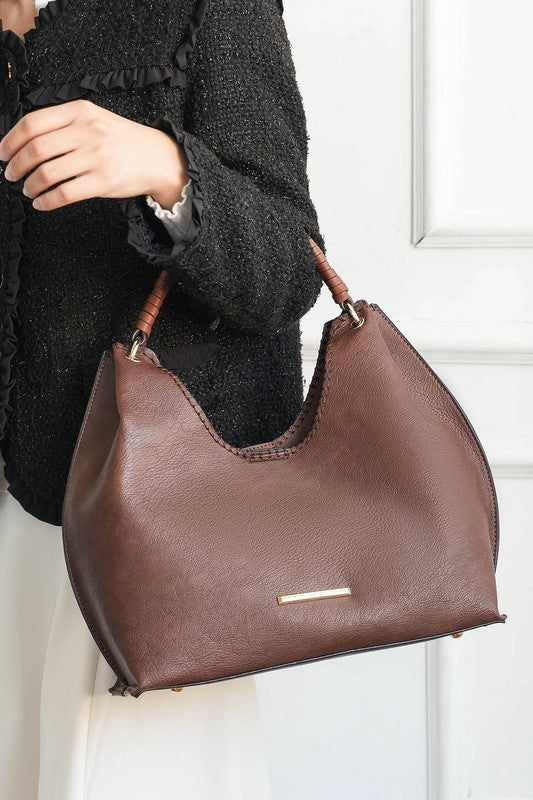 MKF Gara Shoulder Bag in coffee-brown leather with top handles and gold bar logo
