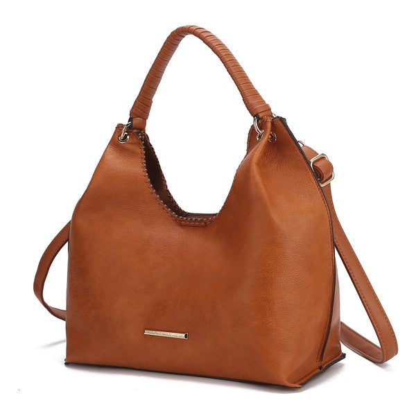 MKF Gara Shoulder Bag in cognac tan leather with braided top handles and crossbody strap